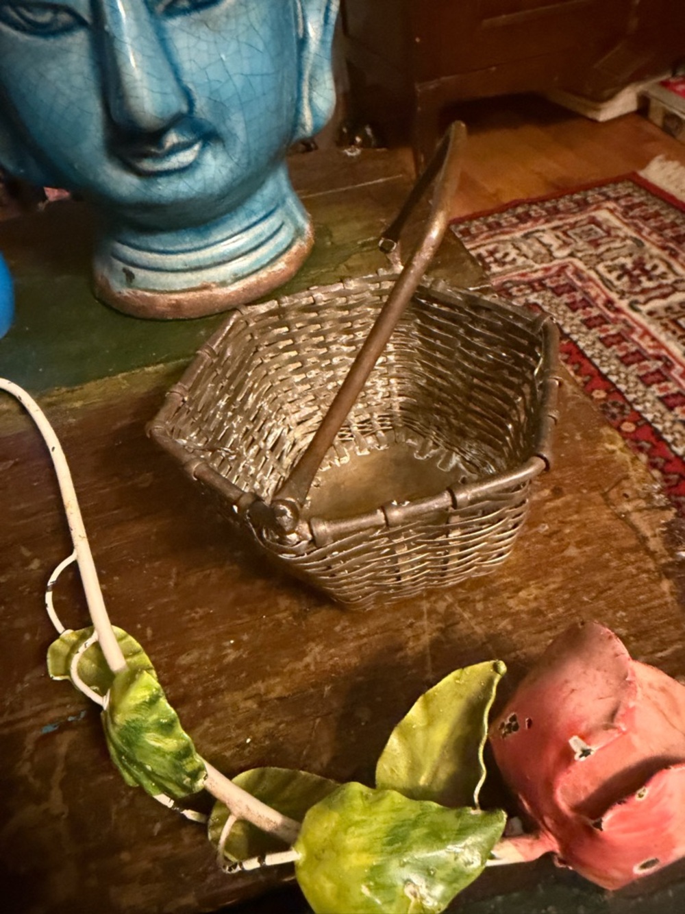 Vintage Brass Woven Metal Hexagon Basket with Handle 4" x 2.25"